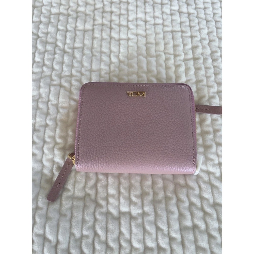 TUMI Tri-Fold Zip-Around Wallet pink pebbled leather